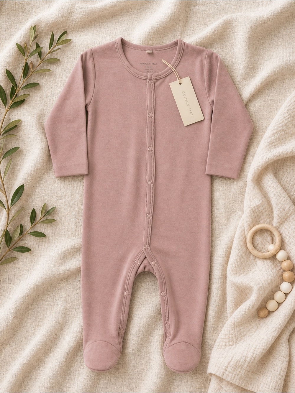 Quincy Mae Footed Sleeper 18-24M Dusty Rose Organic Cotton NWT